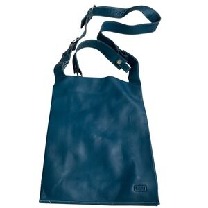 LUMI Teal Blue Leather Crossbody Bag Minimalist Slouchy Flat Tote Adjust Strap